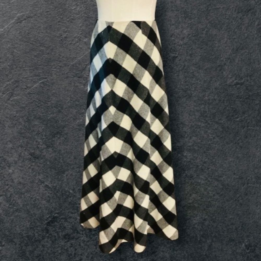 Valerie Stevens Wool Buffalo Plaid Maxi Skirt Black White Grey A-Line Size 14 - Picture 2 of 8